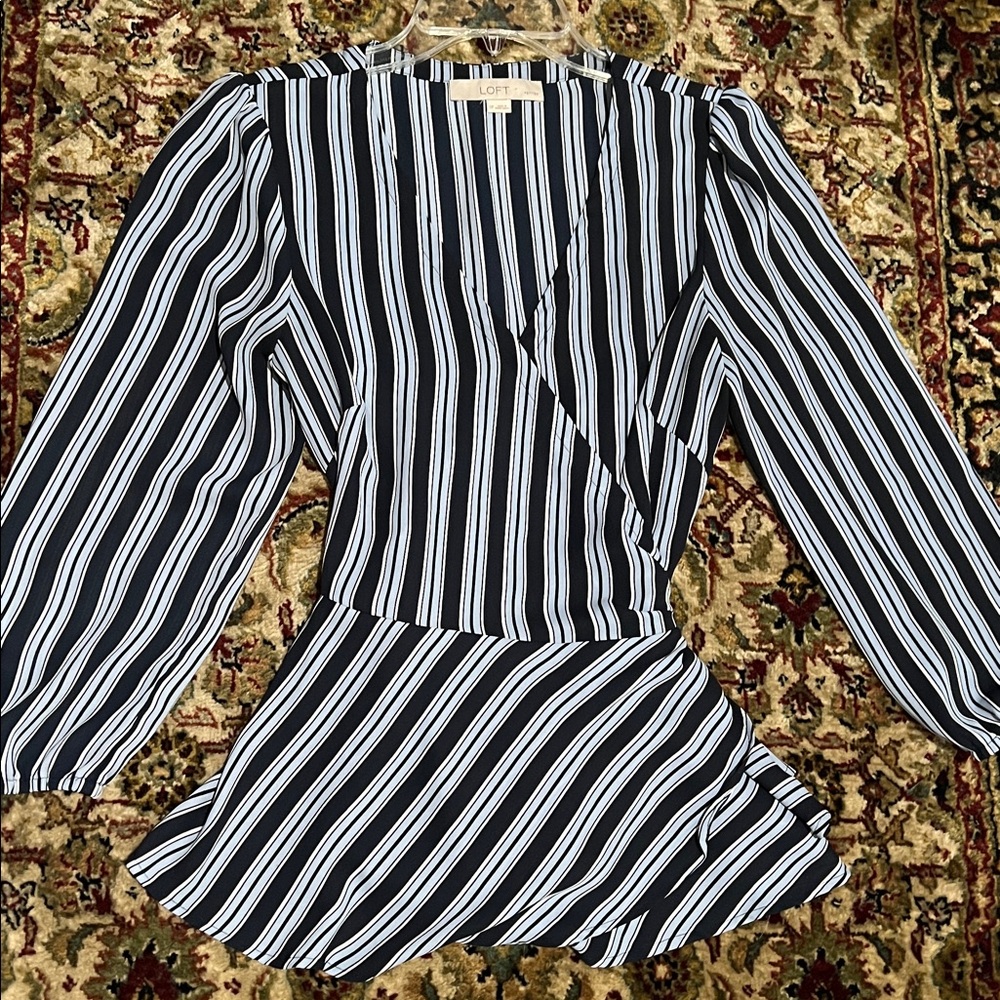 LOFT Navy and White Striped Wrap Blouse With Ties in Back Petite Small